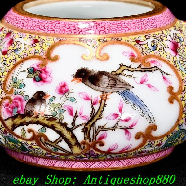 5.1"Qing Qianlong Enamel Colour Porcelain Gold Flower Bird Wine Tea Pot Flagon