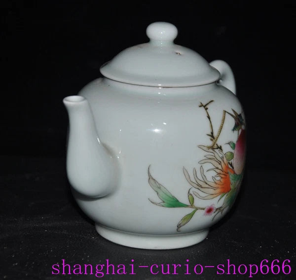 6"China Qing Yongzheng enamel porcelain shoutao Peach text Tea set Teapot statue