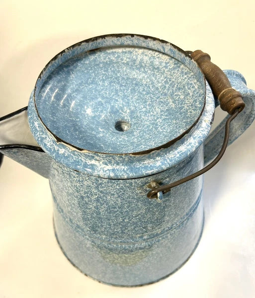 Large Granite Ware Enamel Ware  Blue White Splatter Swirl Teapot Vintage