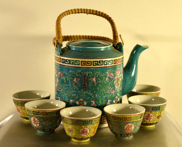 Antique Porcelain Teaset: Famille Rose Lotus: Enameled : Teal : China : 1975