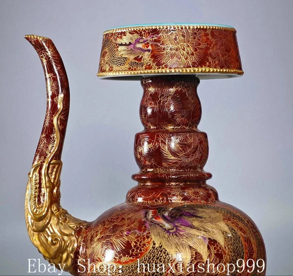 Qianlong Dynasty Enamel Colour Porcelain Gilt Dragon Phoenix Wine Tea Pot Flagon