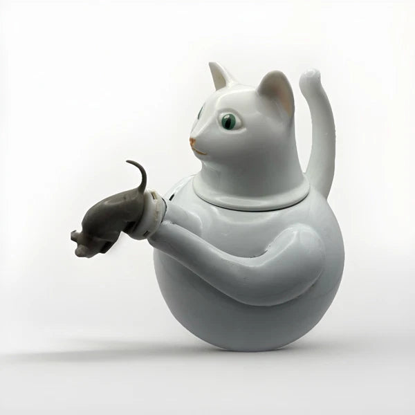 White Cat and Gray Mouse Enamelware Tea Kettle Cute Decoration Vintage