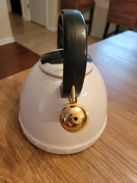 Vintage 1983 M Kamenstein Tea Kettle Whistling Teapot White Enamel w Gold 2.7 Qt