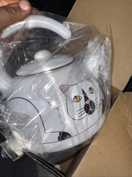 Vintage Kamenstein White Cat Whistling Tea Kettle Pot Enamel w/ Bird Whistle NIB