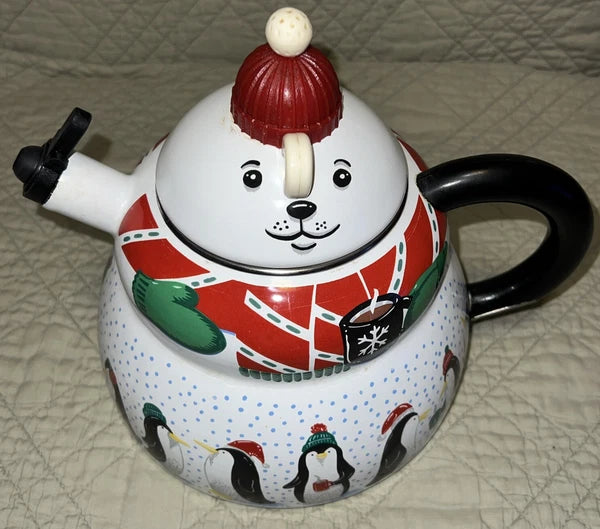 Polar Bear & Penguin 3 Qt Porcelain Enamel Roschko Teapot