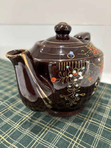 Brown Betty Redware Teapot Occupied Japan Moriage Enamel Hand Painted Vintage