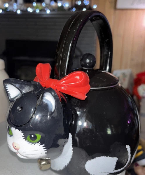Vintage 1995 Via Ancona Metal Whistling Cat Teapot With Bell Collar and Red Bow
