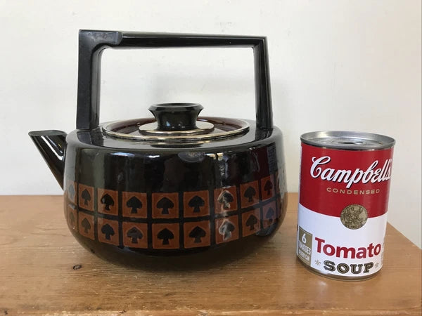 Vintage 60s 70s Mid Century Japanese Mushroom Spade Enamel Black Tea Pot Kettle