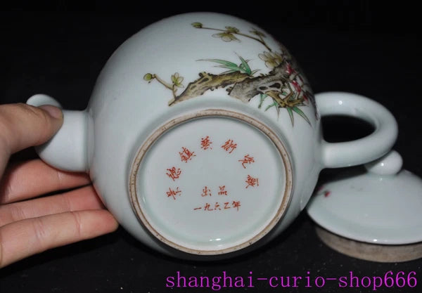 6.4"Qing Dynasty Qianlong enamel porcelain Plum blossom Tea set Teapot statue