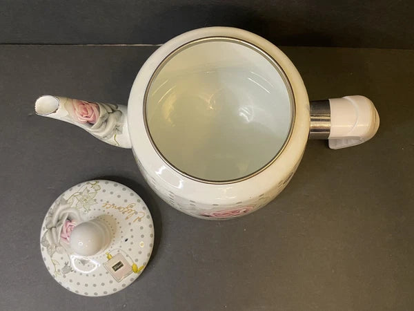 Elegance Enamel Kettle Teapot Handle Pink Rose Perfume Pattern