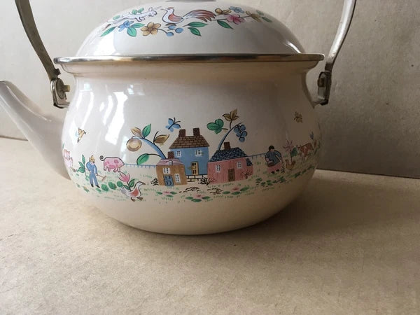Vintage Enamelware Teapot w/Dutch Farm Scene & Wooden Handle, 9" Ht, 7 1/8" Diam