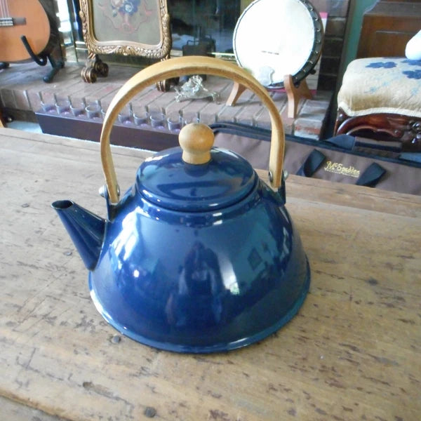 Blue Metal Enamel Teapot with Lid  And Wooden Handle