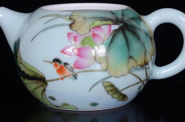 Chinese Enamel Color Porcelain Handmade Exquisite Flower Bird Teapot
