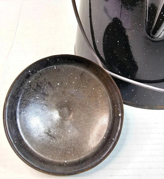 Vintage Black Enamelware Coffee Pot With Speckled Design Lid Camping Tea Kettle