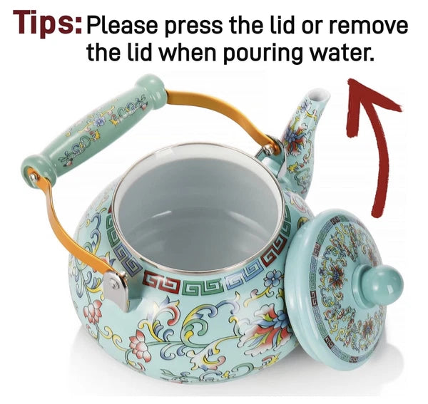 2.6QT Floral Enamel Tea Kettle with Ceramic Handle – Vintage Stovetop Pot