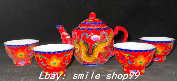 4.5" Qianlong Enamel Colour Porcelain Dragon Phoenix Beast Tea Pot Cup Set
