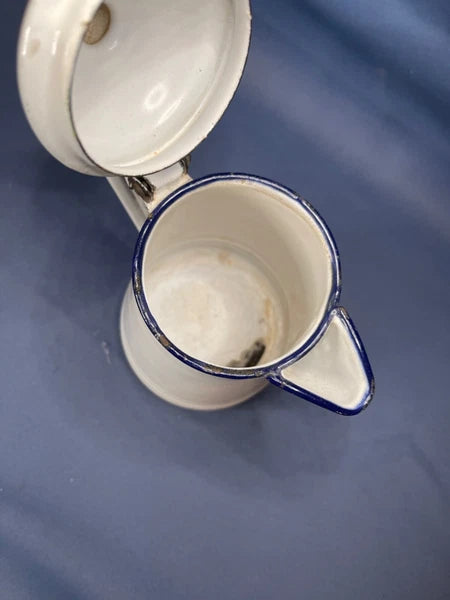 Enamelware Small 6 1/2" Coffee / Tea Pot White/Black Trim. RARE Find! 4736