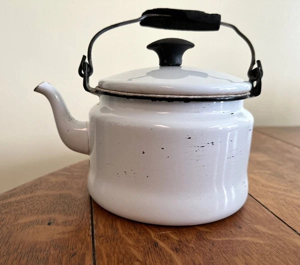 Antique White & Black Enamelware Tea Kettle with Black Wooden Handle
