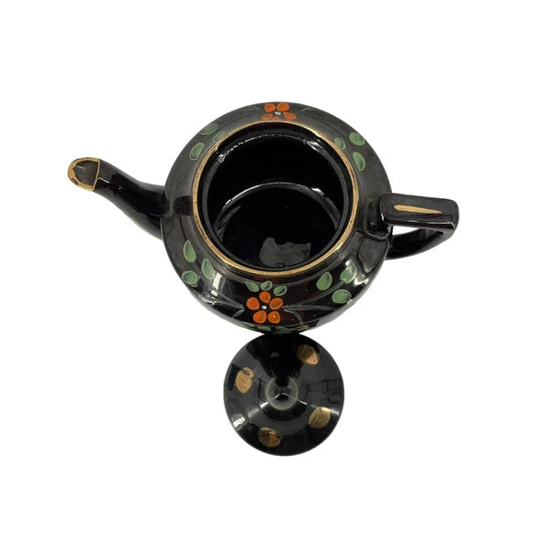 Vintage Hand-Painted Brown Ceramic Teapot Made in England Floral & Gold Accents