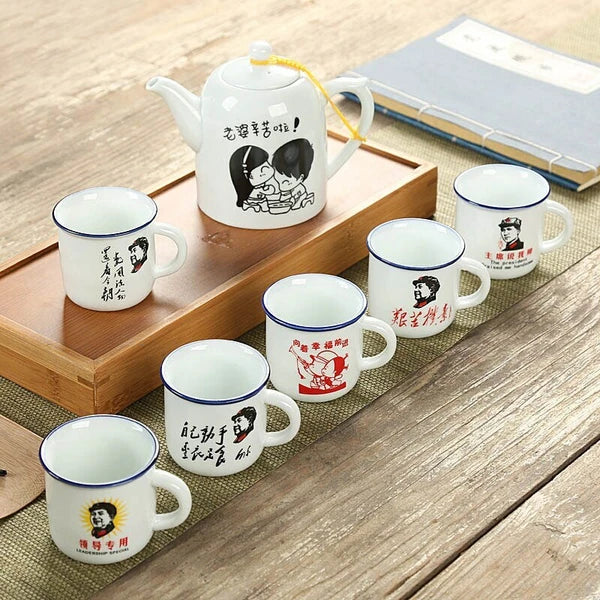 1 Pot 6cup Retro Imitation Enamel Teapot Cup Chairman Mao Pattern Drinkware