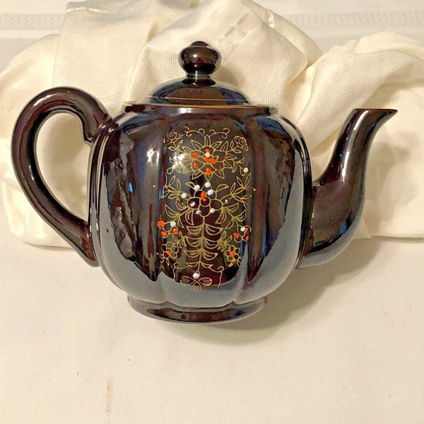 Vintage Teapot Moriage Enamel Floral Gold Trim 1950s Wales Japan