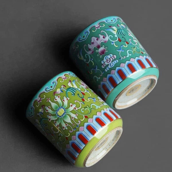 4pcs Enamel Pastel Rolling Porcelain Straight Mouth Teacup Retro Pottery Gift
