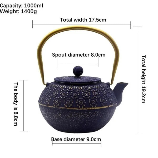 Pretty Japanese style cast iron teapot 1L capacity with tea strainer and enamel