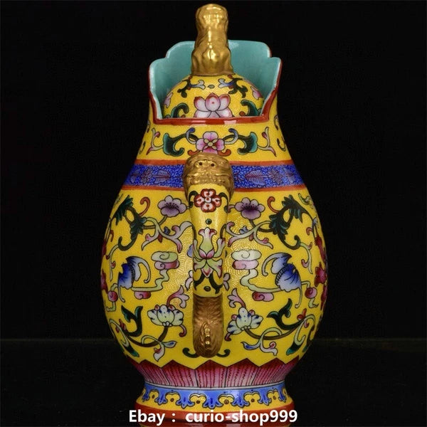 8" Qianlong Enamel Colour Porcelain Gilt Flower Beast Head Wine Tea Pot Flagon