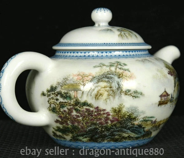 6.4" Ancient China QIanlong Marked Colour Enamel Porcelain landscape Teapot Pot