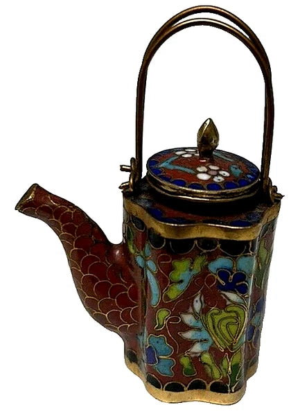 Vintage CHINESE CLOISONNE Brass and Enamel BROWN Miniature TEAPOT Floral Lid