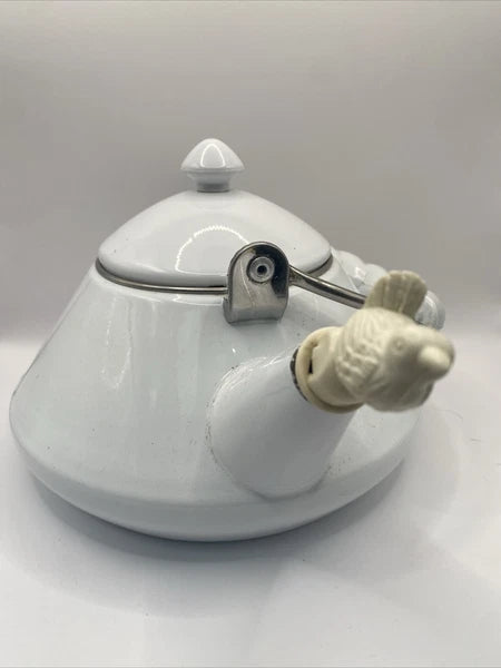 Vintage Kamenstein Tea Kettle White Enamel Tea Pot Bird Whistle 80s Retro Teapot