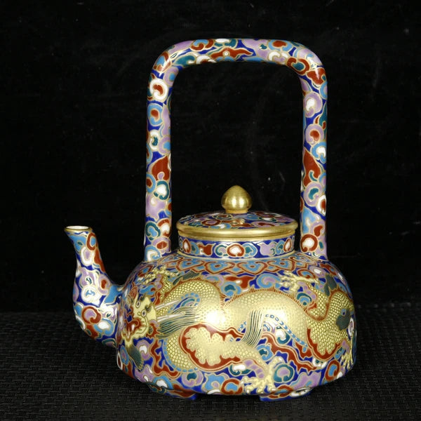 5.5" Old dynasty Porcelain qianlong mark colour enamels gilt cloud Dragon Teapot