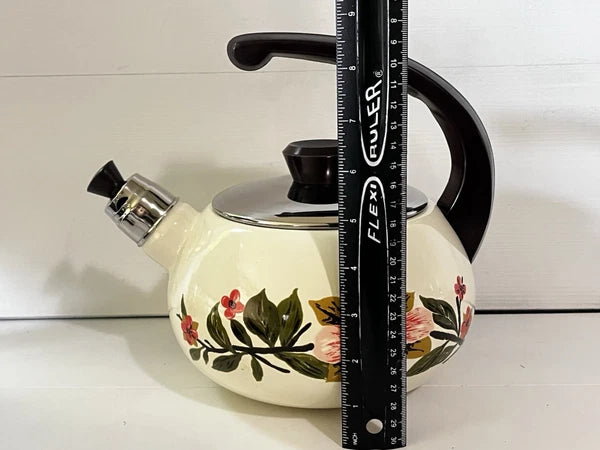 Vintage Bumper Harvest Enamelware Teapot Whistling Kettle Tea Pot