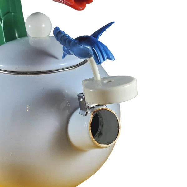 Vintage Teapot Ancona Hummingbird Tulips Kettle White w Red Green Blue Tea Pot