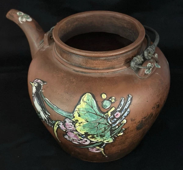 ANTIQUE CHINESE YIXING ZISHA CLAY TEAPOT WITH ENAMELED FLORAL & BIRD DECORATIONS