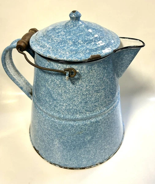 Large Granite Ware Enamel Ware  Blue White Splatter Swirl Teapot Vintage