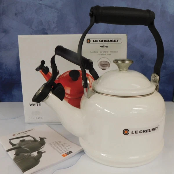 Le Creuset Enamel on Steel 1.25 Quart Demi Tea Kettle, White- New