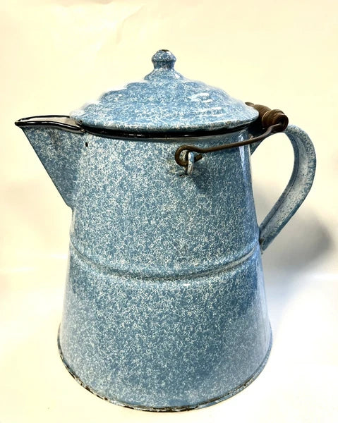 Large Granite Ware Enamel Ware  Blue White Splatter Swirl Teapot Vintage