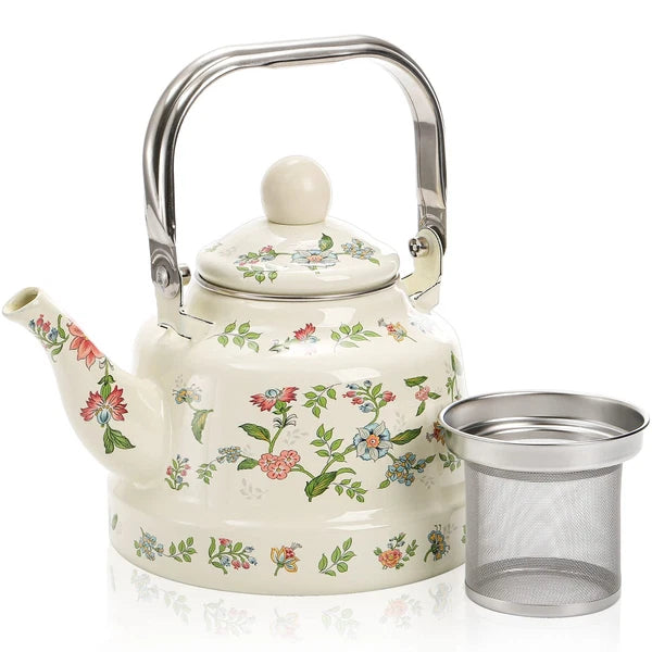 1.8 Quart Vintage Enamel Stovetop Tea Kettle, Retro Green Floral Enamel on St...