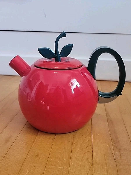 Vintage 1980s COPCO Enamel Metal Red Delicious Apple Teapot Kettle 2.5 Qt
