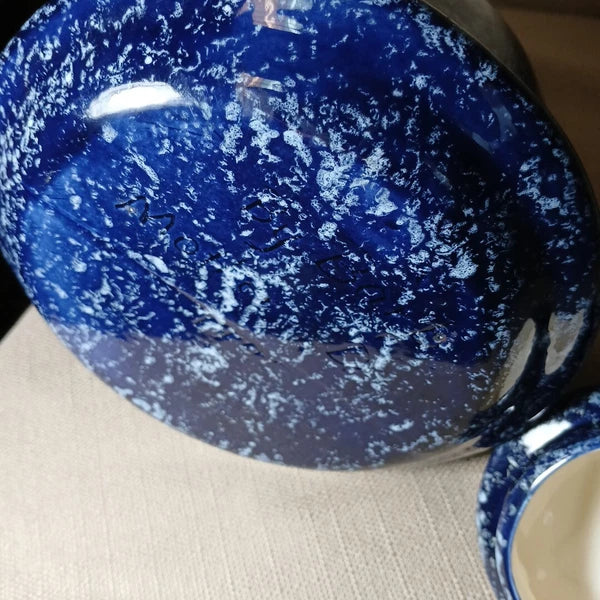 Vintage 1975  Blue Speckled Enamel Teapot Kettle Wire Handle Cabin Decor Signed