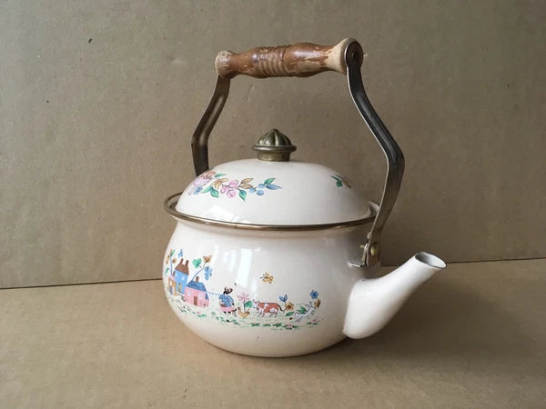 Vintage Enamelware Teapot w/Dutch Farm Scene & Wooden Handle, 9" Ht, 7 1/8" Diam