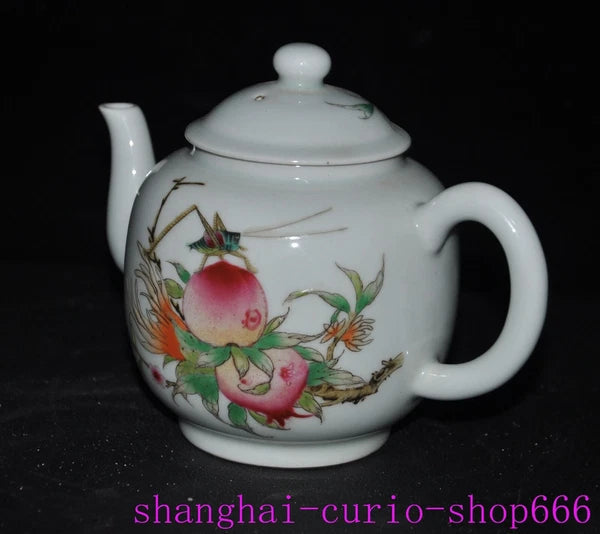 6"China Qing Yongzheng enamel porcelain shoutao Peach text Tea set Teapot statue