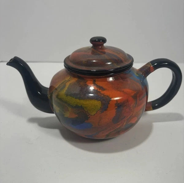 Vintage End Of Day Graniteware Enamelware Swirl Colored Teapot, Colorful Teapot
