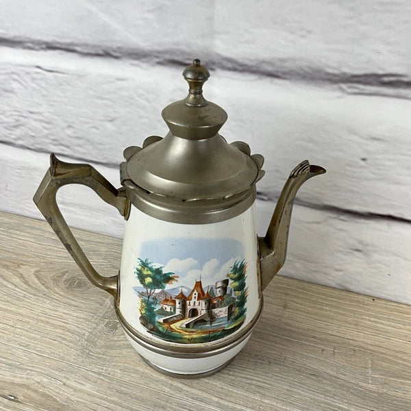 Victorian Pewter Enamelware Teapot & Tea Caddy Sugar Bowl Manning Bowman? Castle