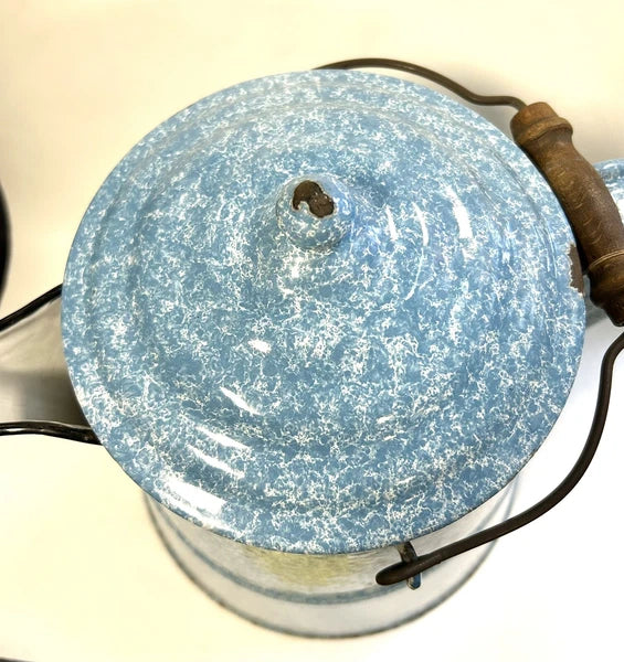 Large Granite Ware Enamel Ware  Blue White Splatter Swirl Teapot Vintage