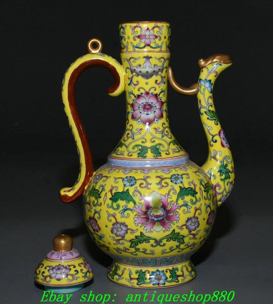 9.8''Qing Yongzheng Enamel Colour Porcelain Gilt Portable Wine Tea Pot Flagon