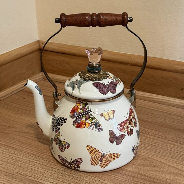 MacKenzie Childs Butterfly Garden Courtly Check 3 qt Enamel Teapot Tea Kettle