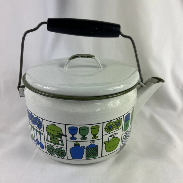 White Enamel Metal Tea Pot Kettle Wood Handle Blue Green Kitchen Retro