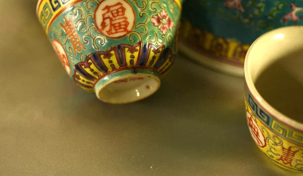 Antique Porcelain Teaset: Famille Rose Lotus: Enameled : Teal : China : 1975